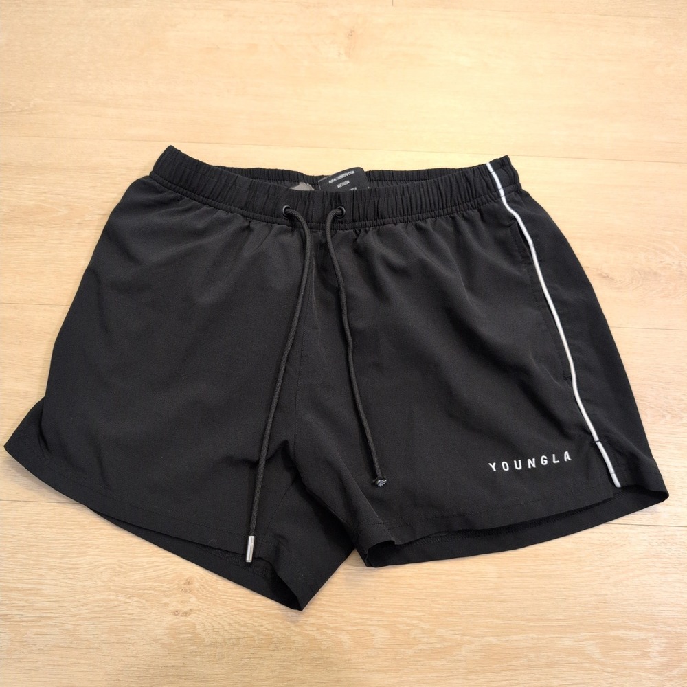 YoungLA Mens Medium Athletic Shorts Black White Stripe Mesh Gym Athletic Running